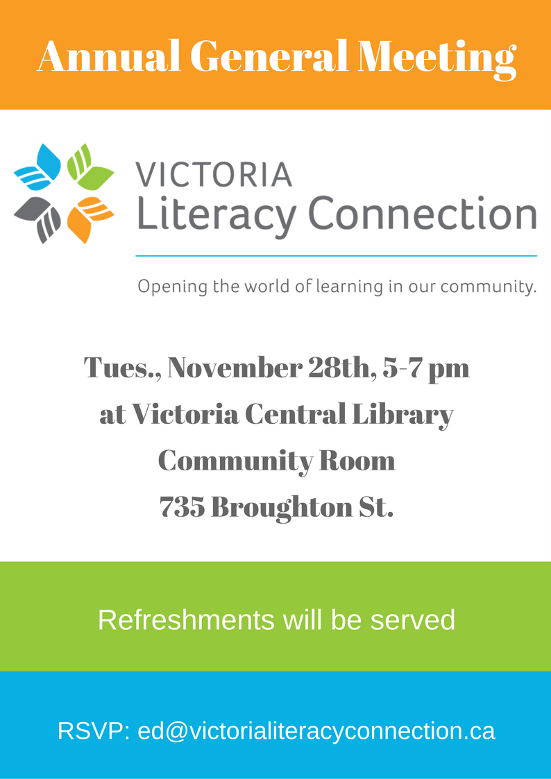 Victoria Literacy Connection to hold its AGM November 28th, 2017